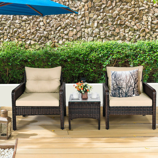 3 Pieces Outdoor Patio Rattan Conversation Set with Seat Cushions-0