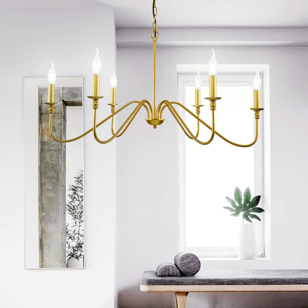 Gold Chandelier, 6-Light Chandelier for Dining Room, Bedroom, Foyer, Living Room, Kitchen Island, Entryway, Office, Bar,Farmhouse Decor