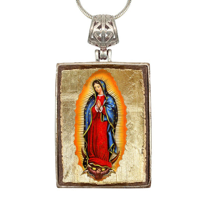 Lady of Guadalupe Religious Jewelry Silver Plated Necklace, Gold-Plated Wooden Cabochon - Catholic Sacred Icon - Inspirational Icon Decor - 43032R
