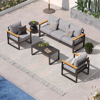 Aluminum Patio Furniture Set, 4 Piece Modern Outdoor Furniture with 6 Inch Cushion, Metal Patio Sectional Conversation Sets for Deck, Backyard, Porch (Grey)
