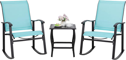 3 Piece Rocking Bistro Set, Outdoor Furniture with Rocker Chairs and Glass Coffee Table Set of 3, Balcony, Porch Furniture for Small Space, Blue