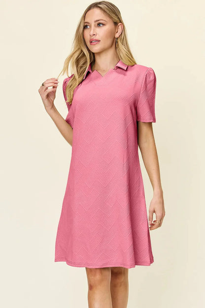 Double Take Full Size Texture Collared Neck Short Sleeve Dress