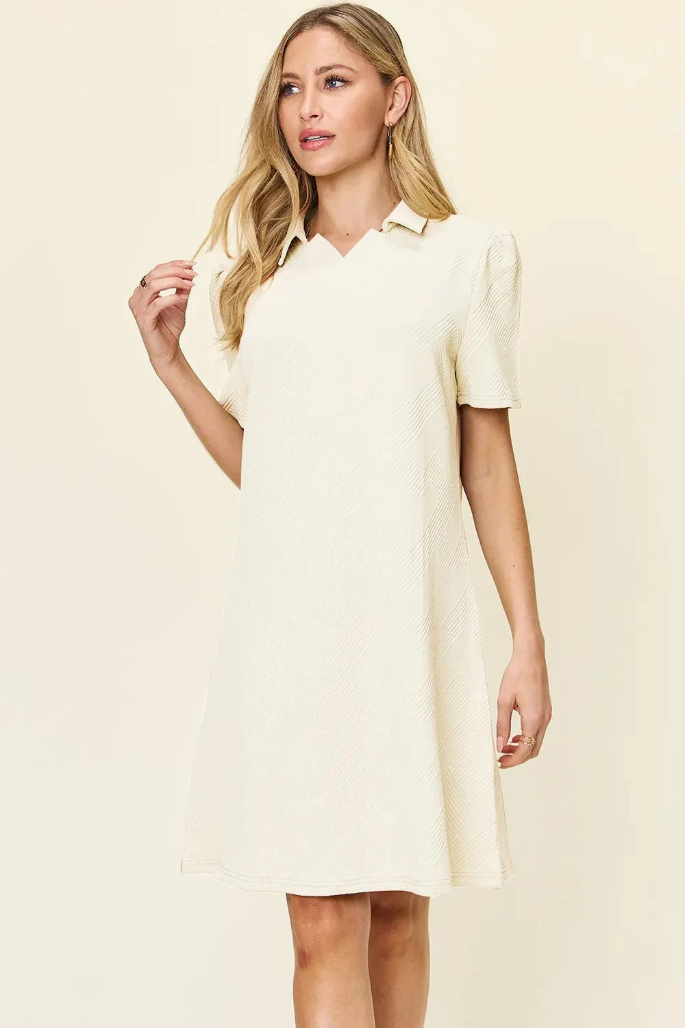 Double Take Full Size Texture Collared Neck Short Sleeve Dress