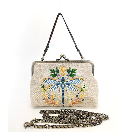 Dragonfly Embroidered Vintage-Style Kisslock Handbag : Beige