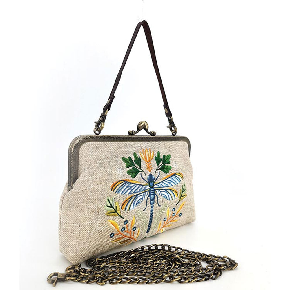 Dragonfly Embroidered Vintage-Style Kisslock Handbag : Beige