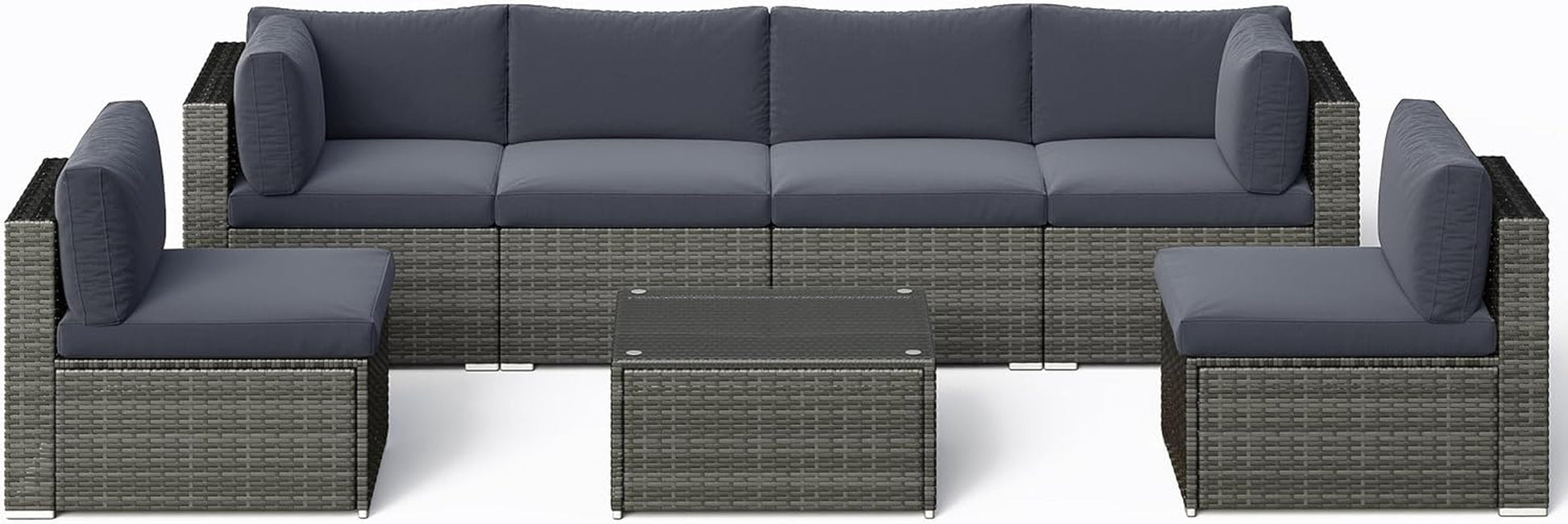 7 Piece Outdoor Patio Furniture Set, All Weather Wicker Rattan Sectional Sofa Conversation Set with Cushions & Large Glass Coffee Table, Ideal for Garden Backyard Porch, Dark Grey-1