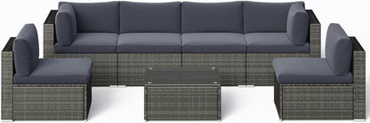 7 Piece Outdoor Patio Furniture Set, All Weather Wicker Rattan Sectional Sofa Conversation Set with Cushions & Large Glass Coffee Table, Ideal for Garden Backyard Porch, Dark Grey-1
