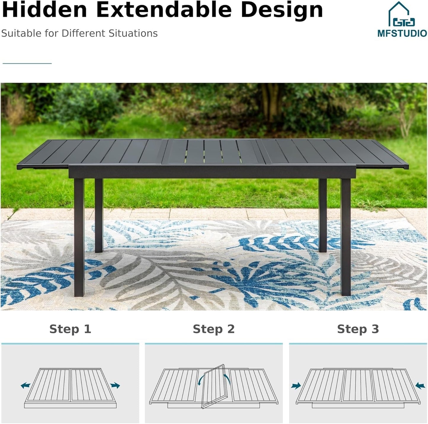 9-Piece Metal Outdoor Patio Dining Furniture Set with 6 Padded Sling Swivel Chairs and 1 Expandable Outdoor Dining Rectangle Table, Blue-2