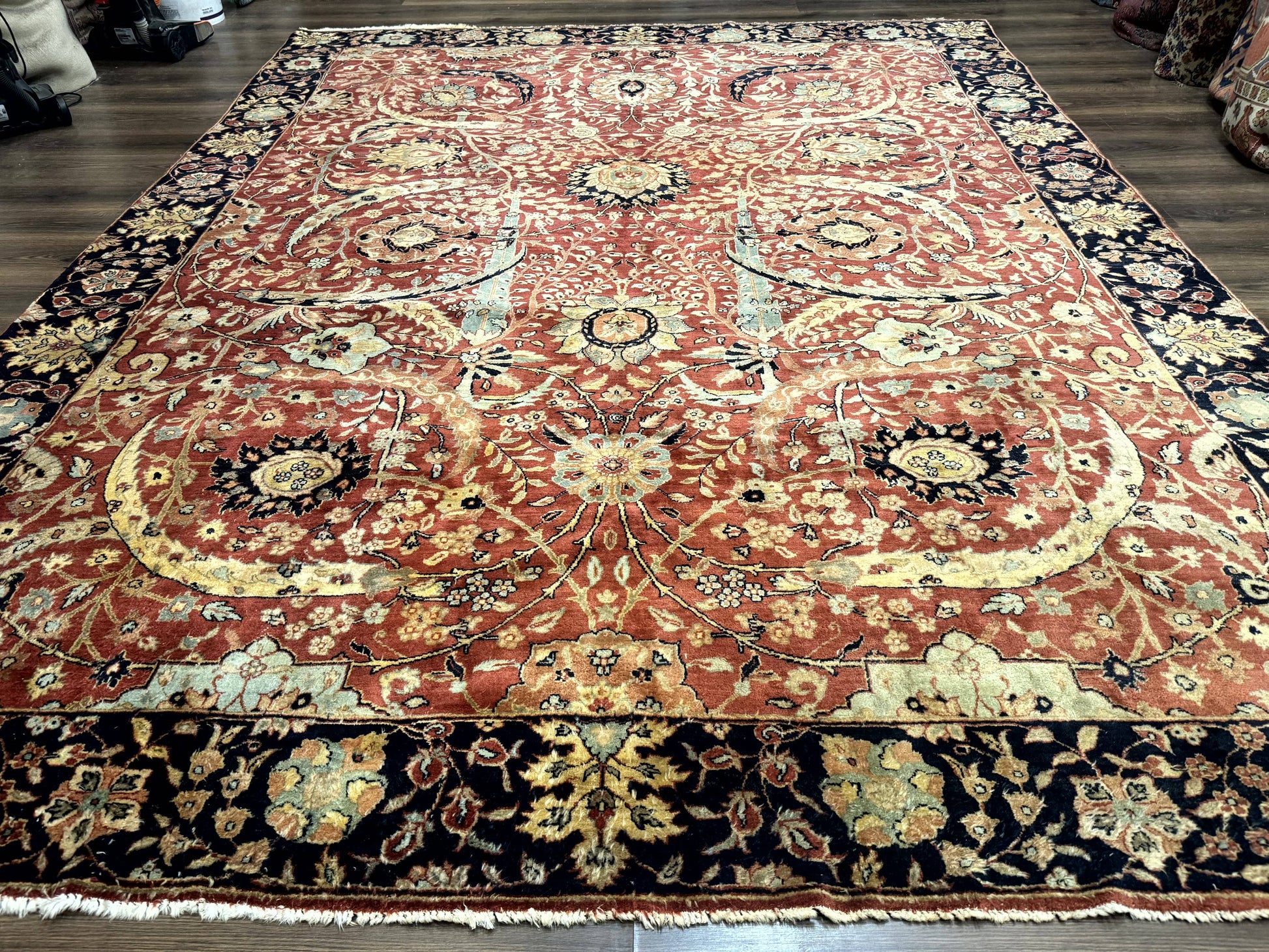 Indian Agra Rug 9x11, Terracotta and Navy Blue, Sickle Leaf Rug-0