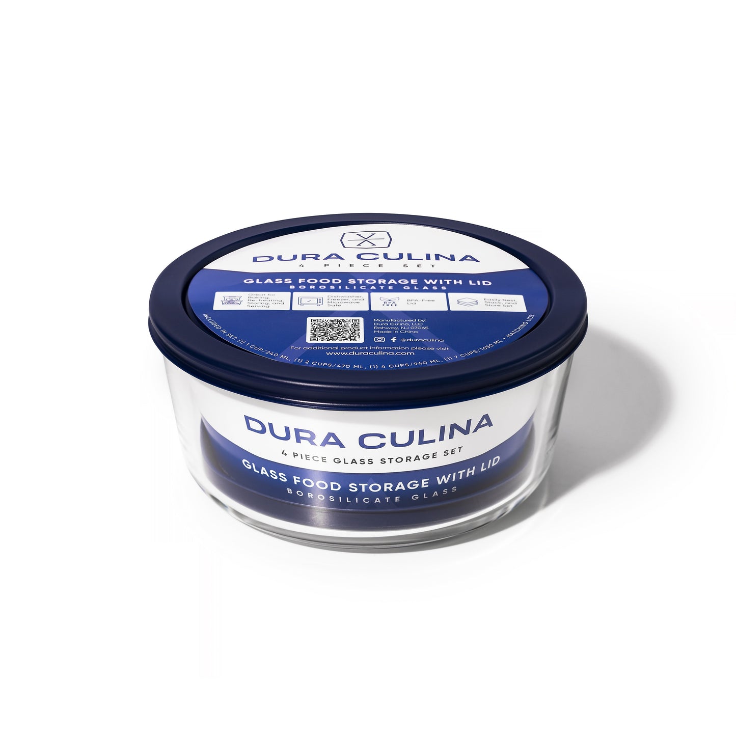 Glass Food Storage Containers - 8 Piece (4 Containers + 4 Lids) Round Nesting Space-Saving Set-3