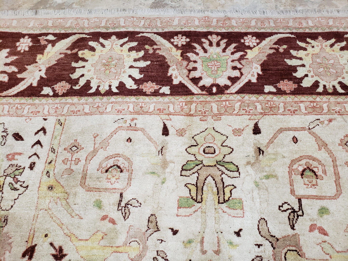 Beige and Maroon Peshawar Rug 10x15, Large Oushak Carpet, Pakistani Rug, Handmade Area Rug, Hand Knotted Rug, Living Room Rug, Nice Wool Rug