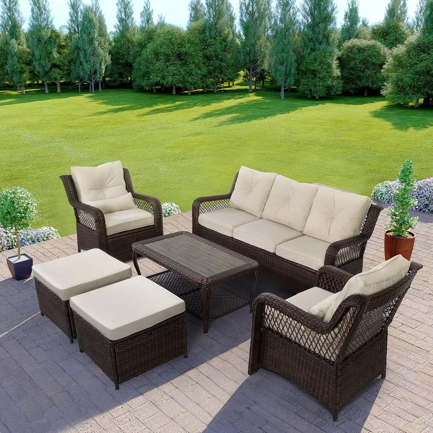 Elegant Six Piece Wicker Patio Furniture Set Outdoor