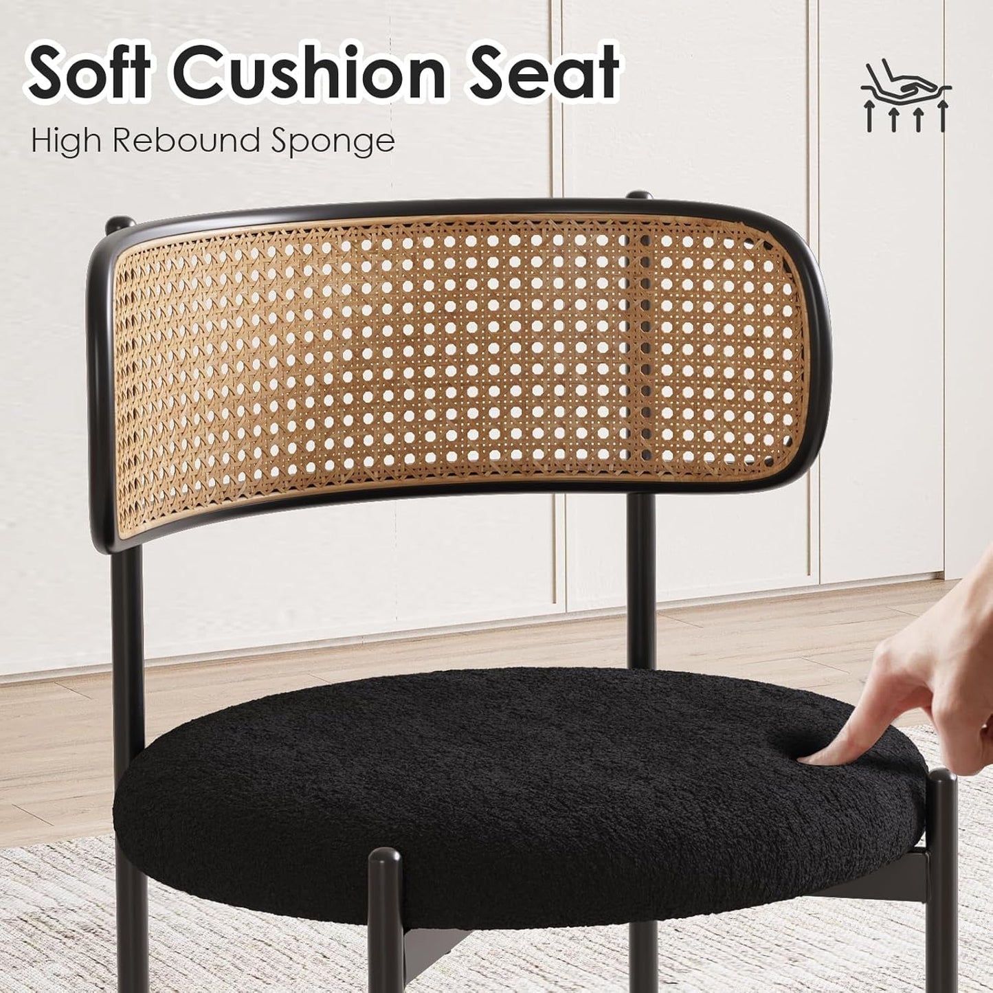 Kitchen Chairs Set of 4, Mid-Century Modern Dining Chairs,Kitchen Dining Room Chairs, Rattan Backrest round Upholstered Sherpa Dining Chairs,Black