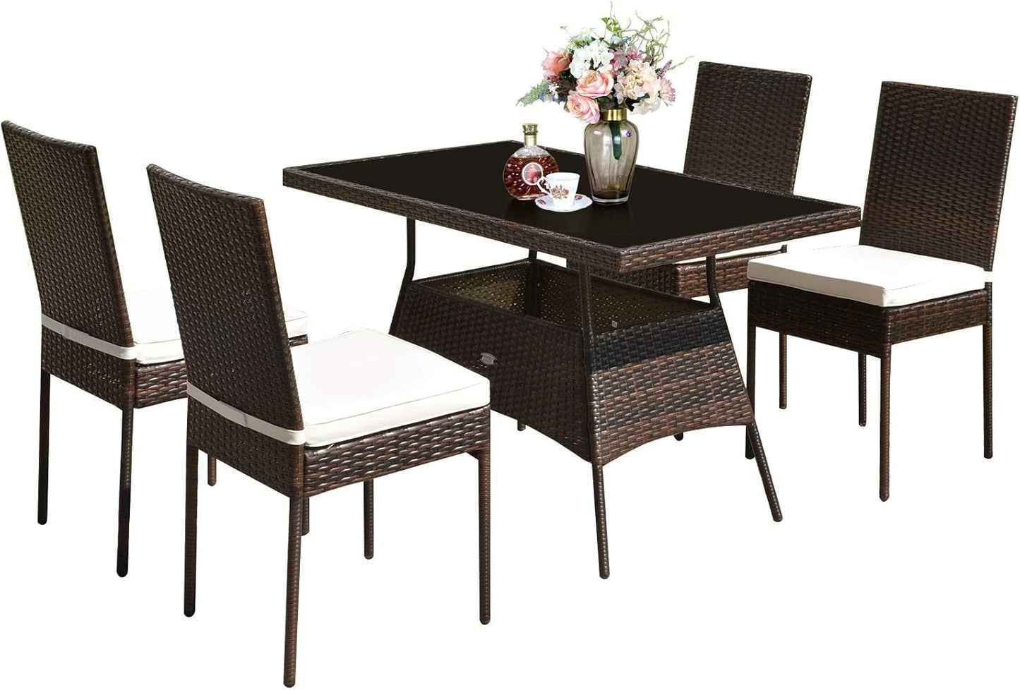 5 Piece Patio Wicker Dining Set, Outdoor Rattan Table and Chairs with W/Tempered Glass Table Top & Padded Cushions, Wicker Patio Conversation Furniture Set for Balcony Patio Garden Poolside-0
