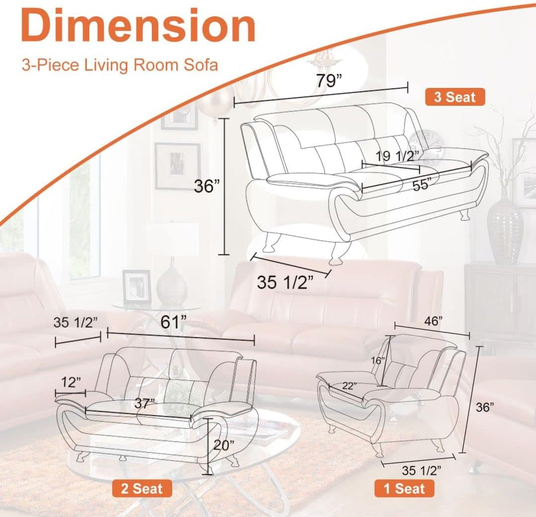 Living Room Furniture Set, Faux Leather Sofa Couch Set, 3 Pieces Modern Sofa Set for Living Room/Apartment/Office (Orange)