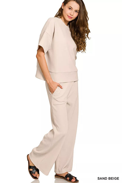 Zenana Ribbed Round Neck Tee & Pants Set-1