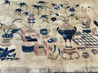 Chinese Rug 5x3, Horizontal Rug, Vases Flowers, Handmade Antique Vintage Carpet, Peking Rug, Chinese Wool Rug