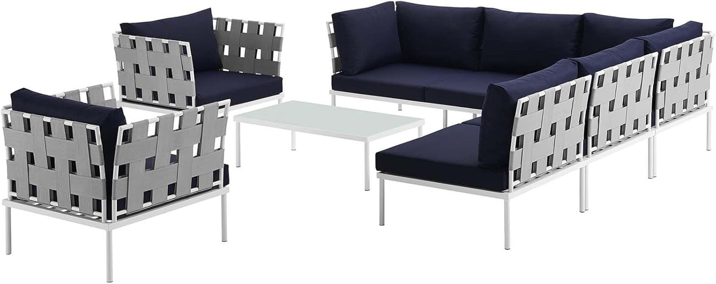 Harmony 8-Piece Aluminum Outdoor Patio Furniture Sectional Sofa Set with Cushions in White Navy-2
