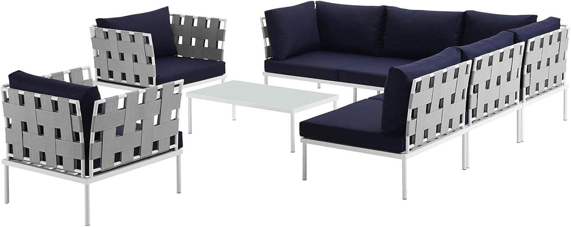 Harmony 8-Piece Aluminum Outdoor Patio Furniture Sectional Sofa Set with Cushions in White Navy-2