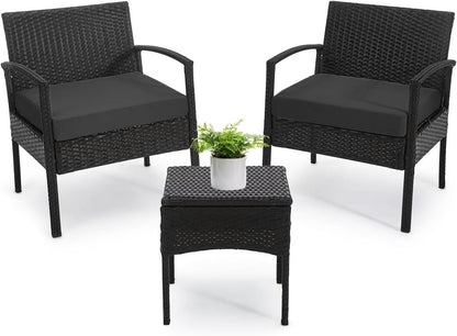 3 PCS Patio Rattan Conversation Chairs Set, Outdoor Patio Furniture Balcony Furniture Set, Wicker Patio Set for Garden Porch Balcony Yard, Black