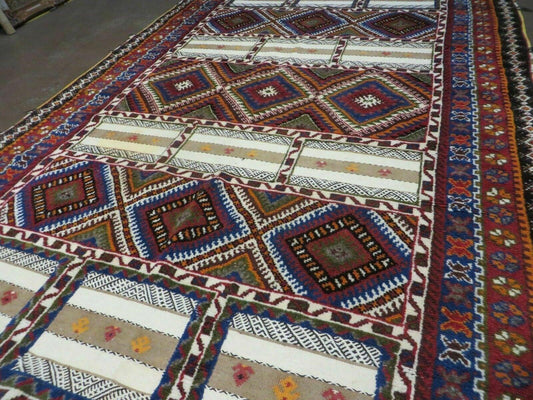 7x11 Moroccan Rug, Vintage Moroccan Carpet, Tribal Rug 7 x 11, Geometric Rug, Diamond Panels, Multicolor, Hand Knotted Wool Rug, Unique Rug