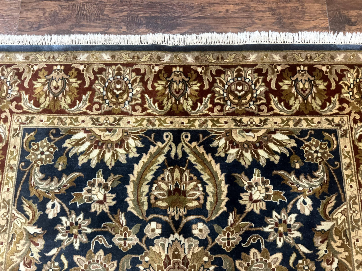 Indian Agra Rug 6x9, Floral, Traditional Rug, Dark Green Maroon Tan