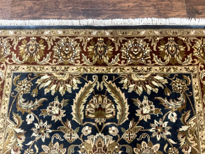 Indian Agra Rug 6x9, Floral, Traditional Rug, Dark Green Maroon Tan