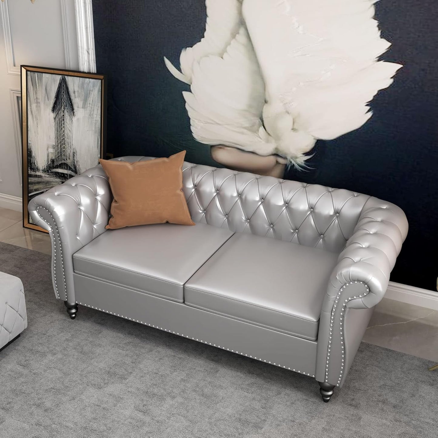 2 Piece Living Room Set, Chesterfield PU Leather Sofa Loveseat Couch Chair with Scroll Arms and Nailhead for Living Room, Office (PU Grey, 1-2)