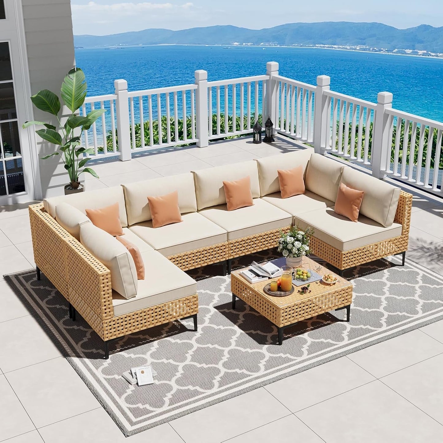 Paito Furniture Set, 110" Large 7-Piece Wicker Outdoor Paito Furniture Sets with Coffee Table,Boho Patio Conversation Set Sectional Sofa with All-Weather Cushions for Backyard,Porch,Beige
