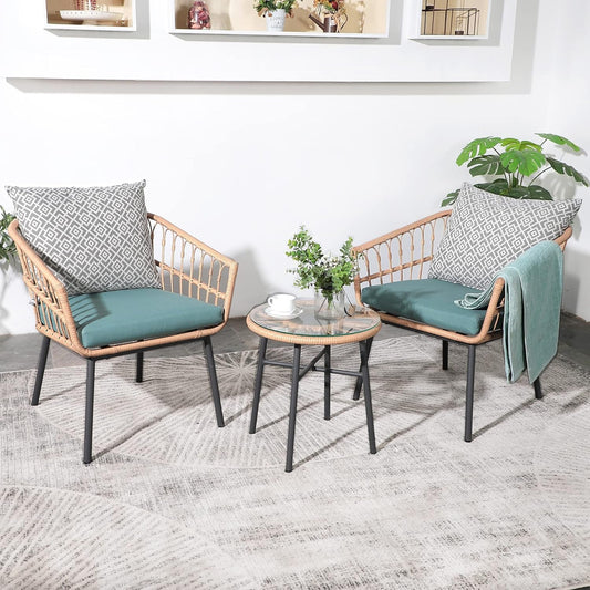 3 Piece Patio Furniture Outdoor Conversation Bistro Set with Tempered Coffee Table and Wicker Chairs for Garden Balcony Backyard Yard Poolside, Green (QX-MA-WF-001)-0