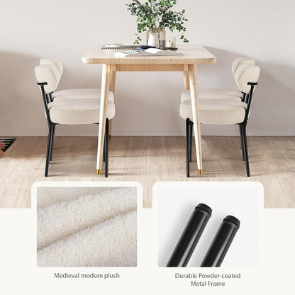 Dining Chairs Set of 4, Boucle Upholstered Kitchen Chairs with Curved Backrest & Metal Legs, Mid Century Modern round Dining Room Chairs for Vanity, Living Room - Beige-4