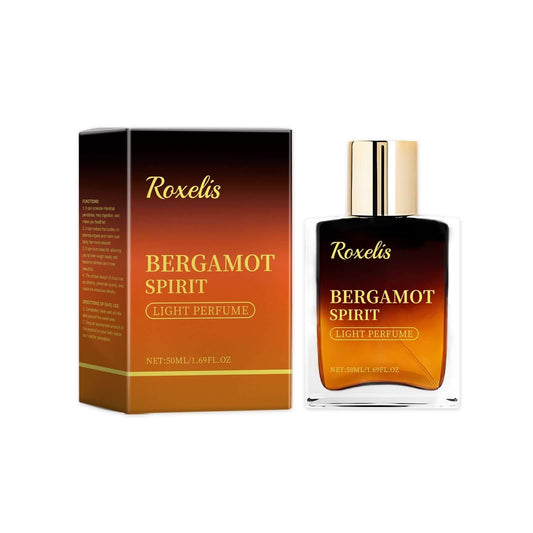 Roxel's Bergamot Spirit light perfume in elegant packaging, 50ml bottle with citrus scent notes and warm accents.