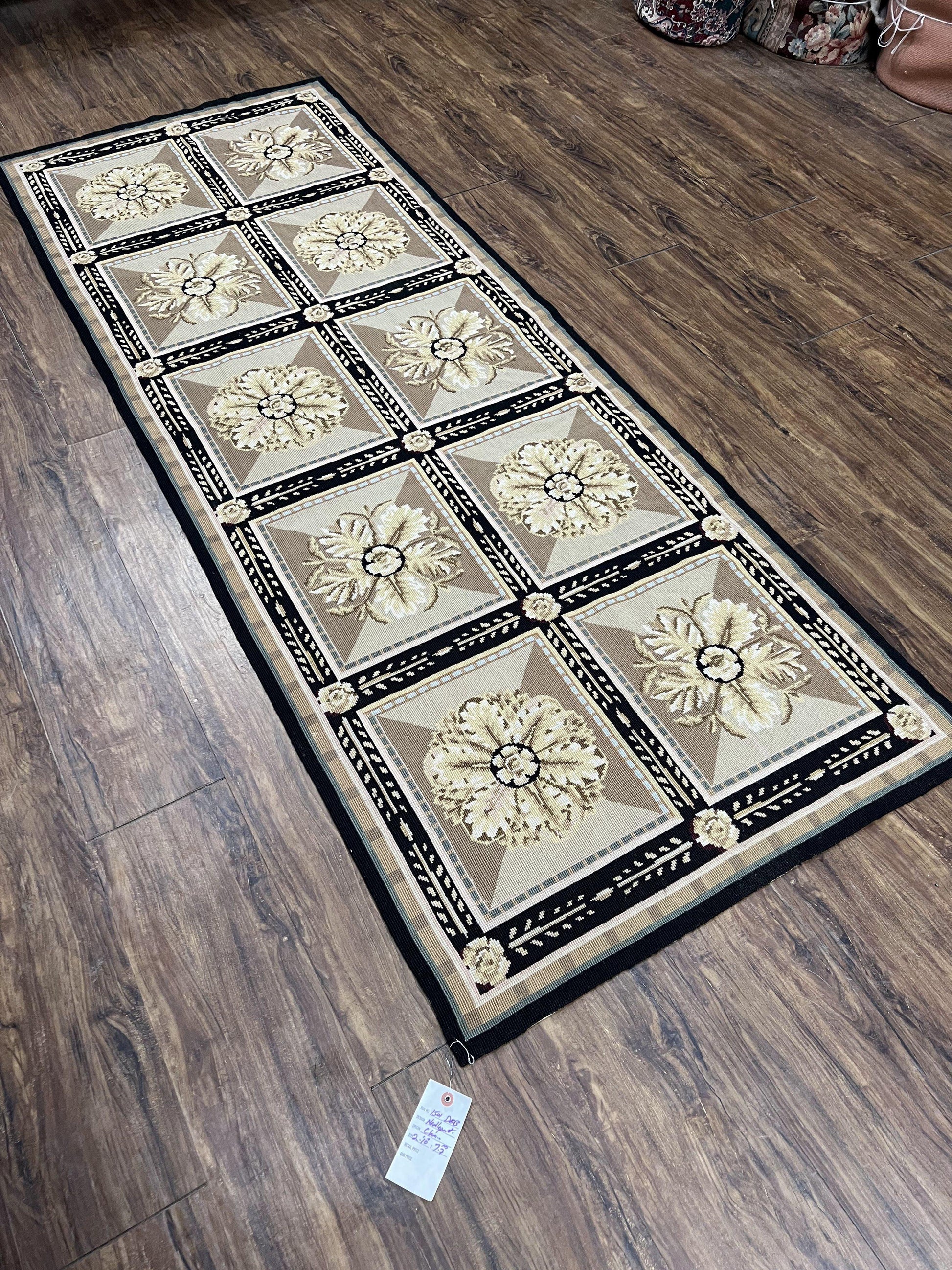 Needlepoint Runner Rug 3x8 Panel Design Rug, Flatweave Runner Rug, English Design, Floral, Short Runner Rug, Black and Beige Wool Hand-Woven-2