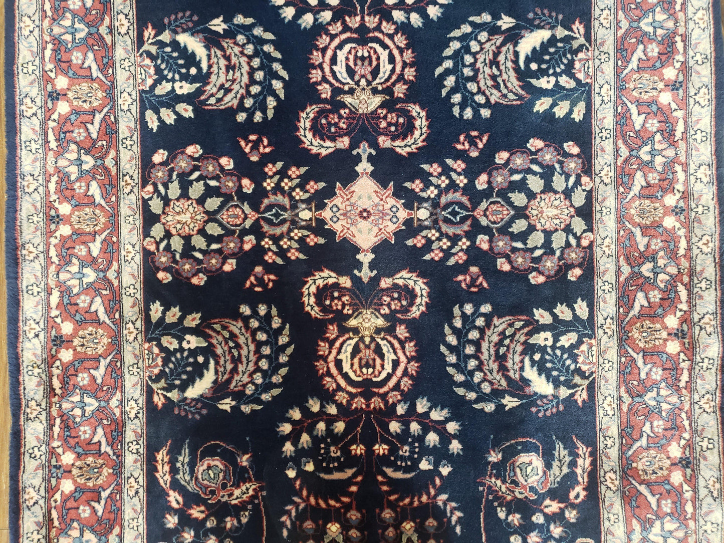 Dark Blue Indo Persian Rug 4x6, Medium Size Hand Knotted Oriental Carpet, Traditional Floral Indian Rug, Blue and Red Entryway Rug, Wool Rug-3