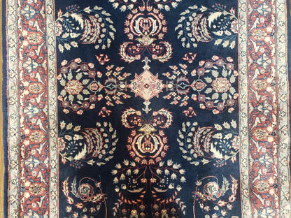 Dark Blue Indo Persian Rug 4x6, Medium Size Hand Knotted Oriental Carpet, Traditional Floral Indian Rug, Blue and Red Entryway Rug, Wool Rug-3