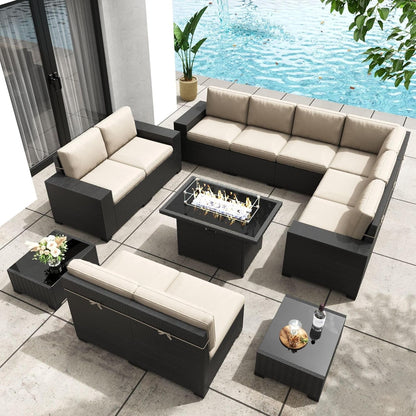 Patio Furniture Set with Fire Pit Table, 13 Pieces Outdoor All-Weather Wicker Conversation Sectional Chair Sofa Set