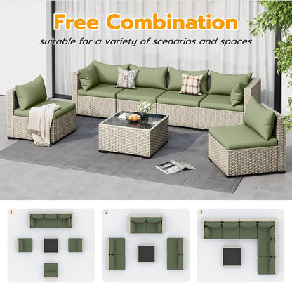 Outdoor Patio Furniture Set, 7-Piece PE Wicker Sectional Sofa with Tea Table, Outdoor Conversation Set for Patio, Garden, Backyard Green-4