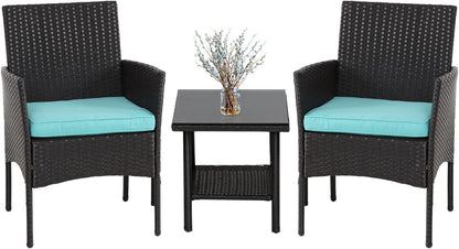 3 Piece Outdoor Furniture Set Patio Wicker Chairs Furniture Bistro Conversation Set 2 Rattan Chairs with Blue Cushions and Glass Coffee Table for Porch Lawn Garden Balcony Backyard