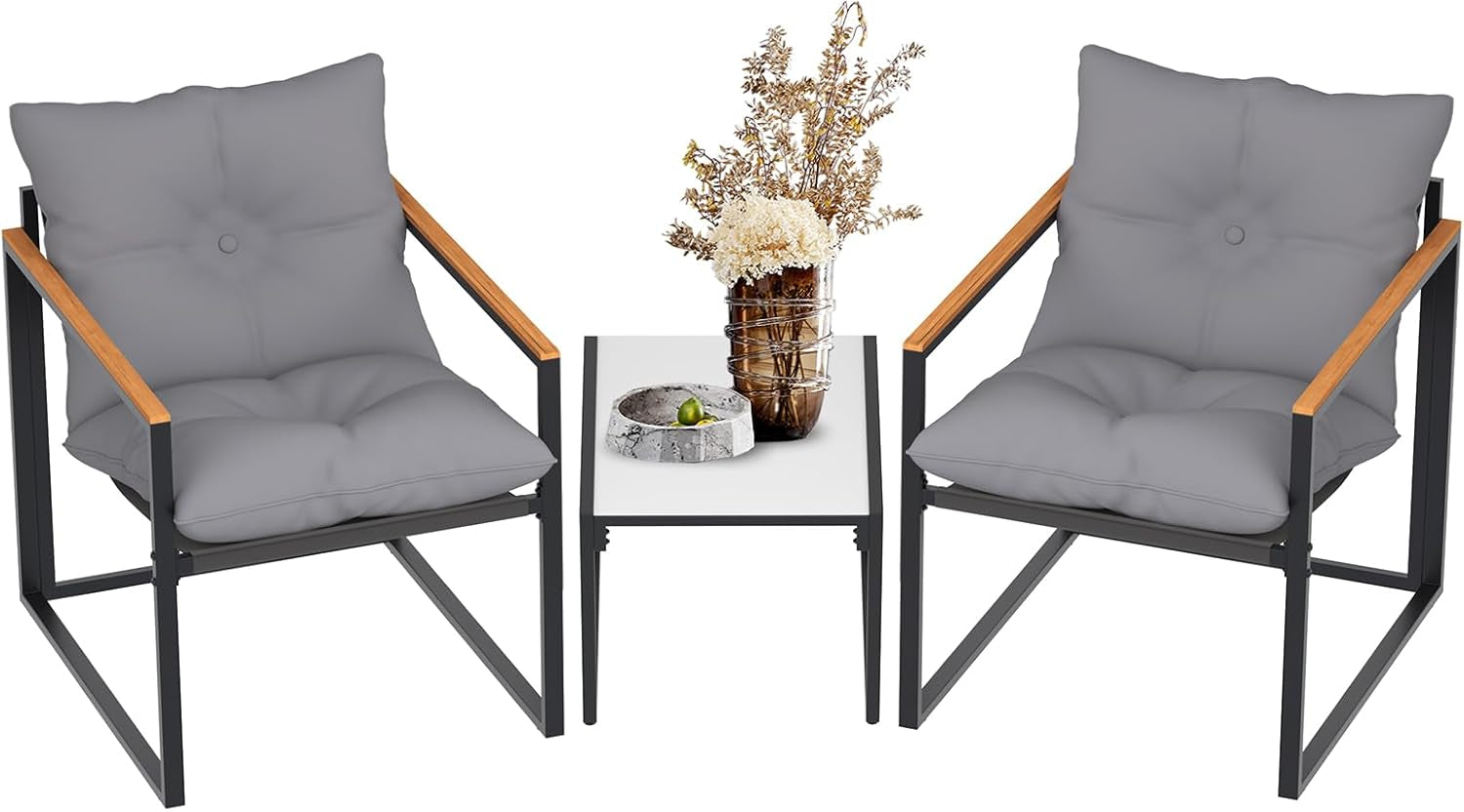 Patio Outdoor Furniture 3 Pcs Bistro/Converstation Set with 2 Chairs and 1 Coffee Table, Together with Cushions&Backrest, for Patio, Indoor, Garden, Balcony, Poolside, Bistro-0