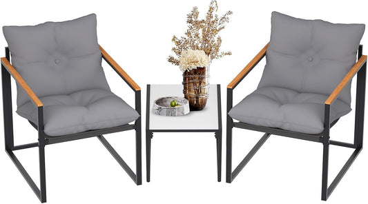 Patio Outdoor Furniture 3 Pcs Bistro/Converstation Set with 2 Chairs and 1 Coffee Table, Together with Cushions&Backrest, for Patio, Indoor, Garden, Balcony, Poolside, Bistro-0