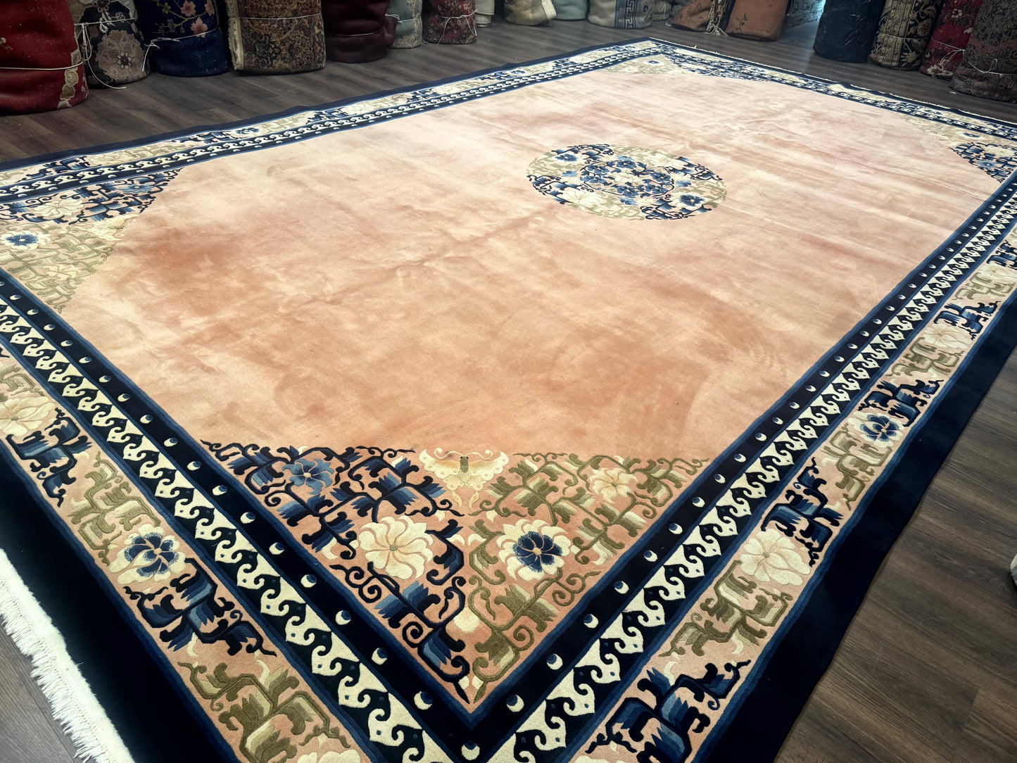 Chinese Wool Rug 11x18, Palace Sized Chinese Carpet, Peking Rug, Peach and Blue, Open Field, Simple Design, Art Deco Rug, Large Handmade Rug-1