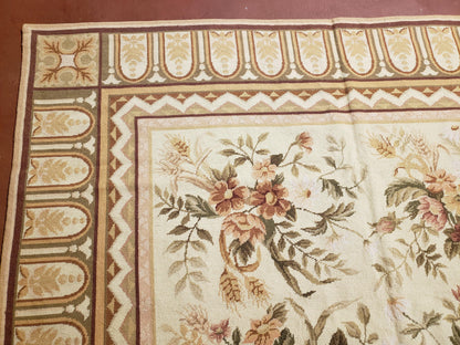 Needlepoint Rug 8x10 Aubusson Rug Victorian Floral Rug Handmade French Style French Decor Garden Panel Beige 8 x 10 Area Rug 100% Wool-4