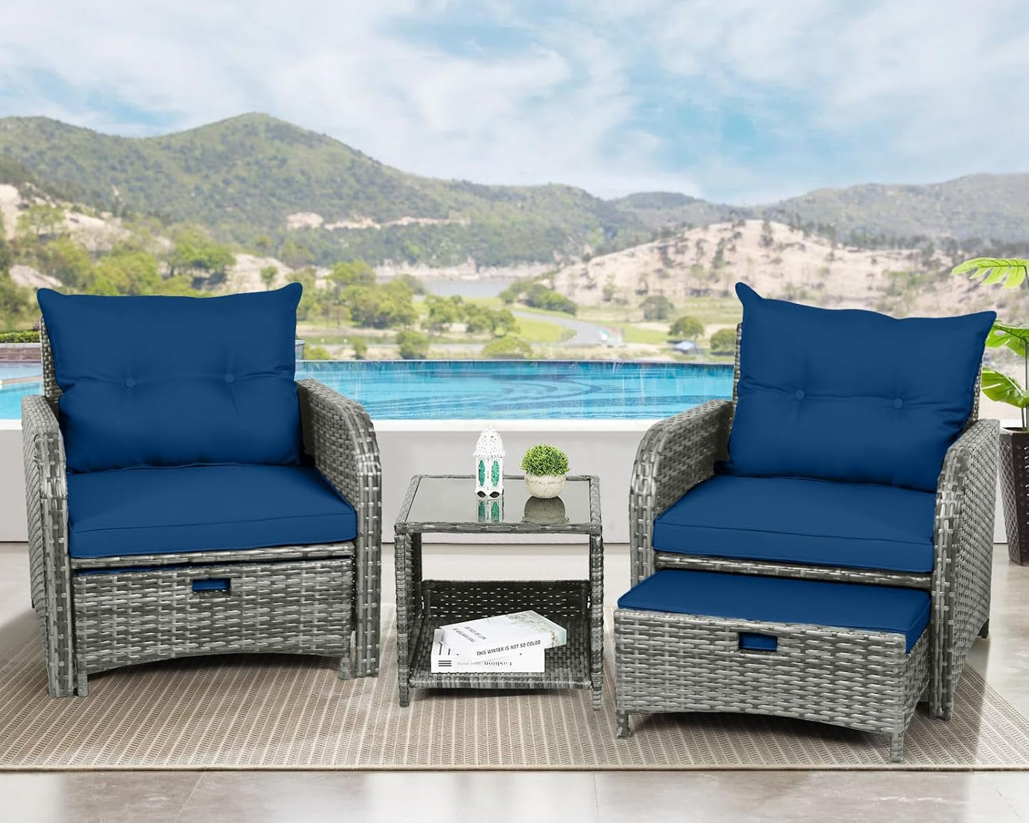 5 Pieces Wicker Outdoor Patio Chairs Set with Ottoman, All Weather PE Rattan Patio Conversation Furniture Set Outdoor Furniture Set with Hidden Ottoman for Poolside Garden Balcony, Blue