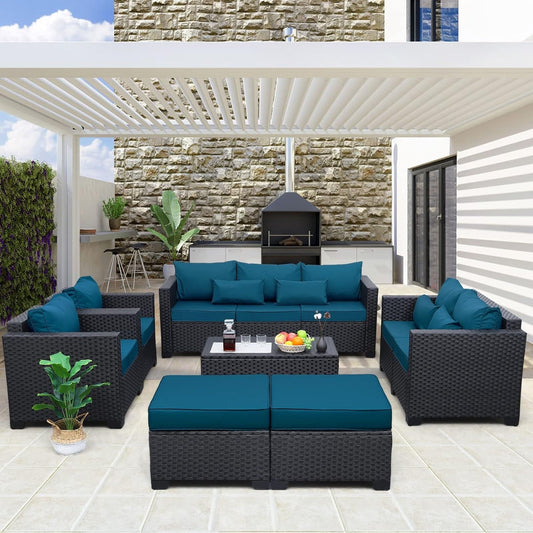 Patio Furniture Set 7 Pieces Couch Outdoor Chairs Coffee Table Peacock Blue Anti-Slip Cushions and Waterproof Covers