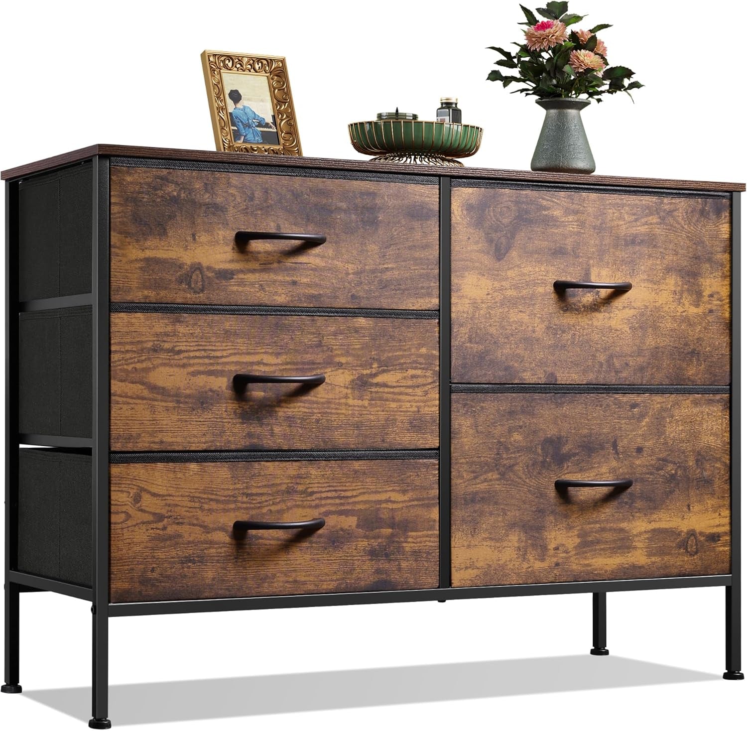 Dresser for Bedroom with 5 Drawers, Wide Bedroom Dresser with Drawer Organizers, Chest of Drawers, Fabric Dresser for Living Room, Closet, Hallway, Rustic Brown Wood Grain Print-0