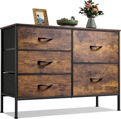 Dresser for Bedroom with 5 Drawers, Wide Bedroom Dresser with Drawer Organizers, Chest of Drawers, Fabric Dresser for Living Room, Closet, Hallway, Rustic Brown Wood Grain Print-0
