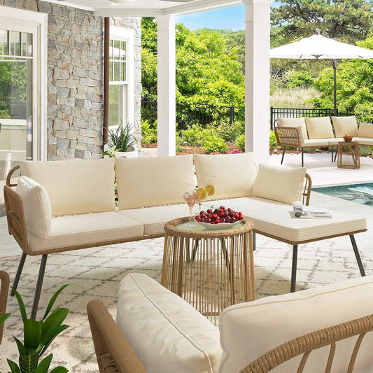 3 Pieces Patio Furniture Set, Outdoor Wicker Conversation Sectional L-Shaped Sofa with 4 Seater for Backyard, Porch, Boho Detachable Lounger with Cushions and Coffee Table - Beige-0