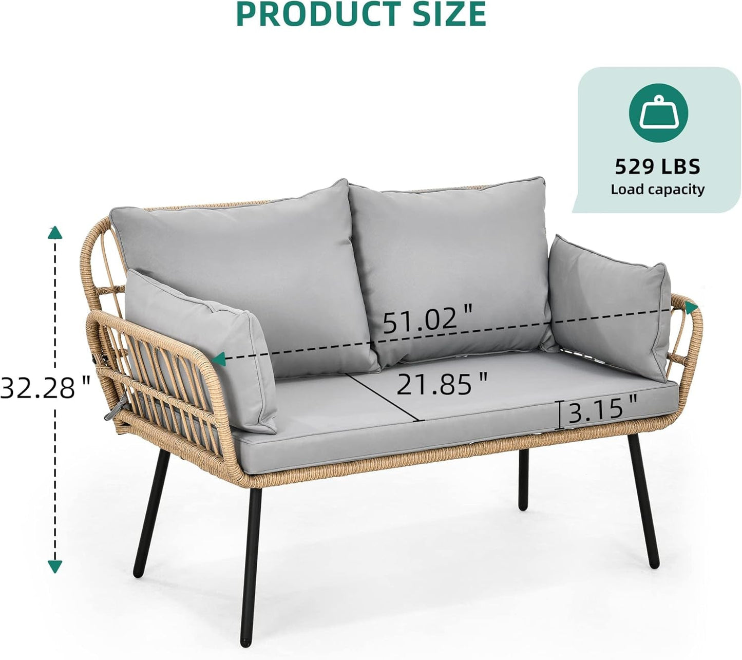 Patio Loveseat, All-Weather Wicker Rattan 2 Seater Sofa with Cushions & Lumbar Pillows, Outdoor Patio Furniture Set for Patio, Balcony, Backyard, Deck, Poolside - Grey-1