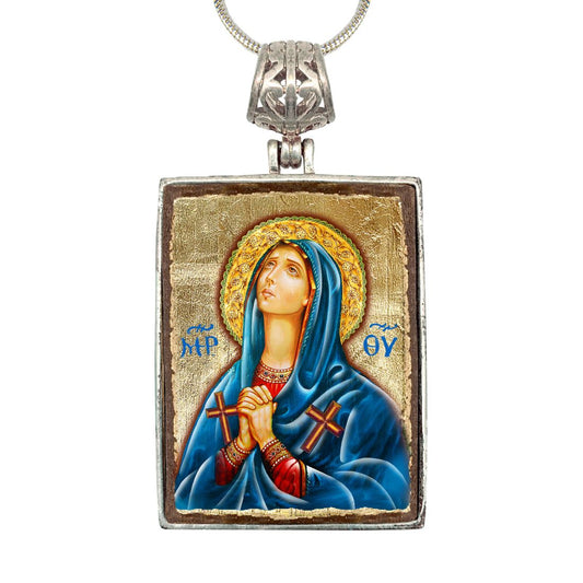 Maria Magdalena Religious Jewelry Silver Plated Necklace, Gold-Plated Wooden Cabochon - Christian Sacred Icon - Inspirational Icon Decor - 43014R
