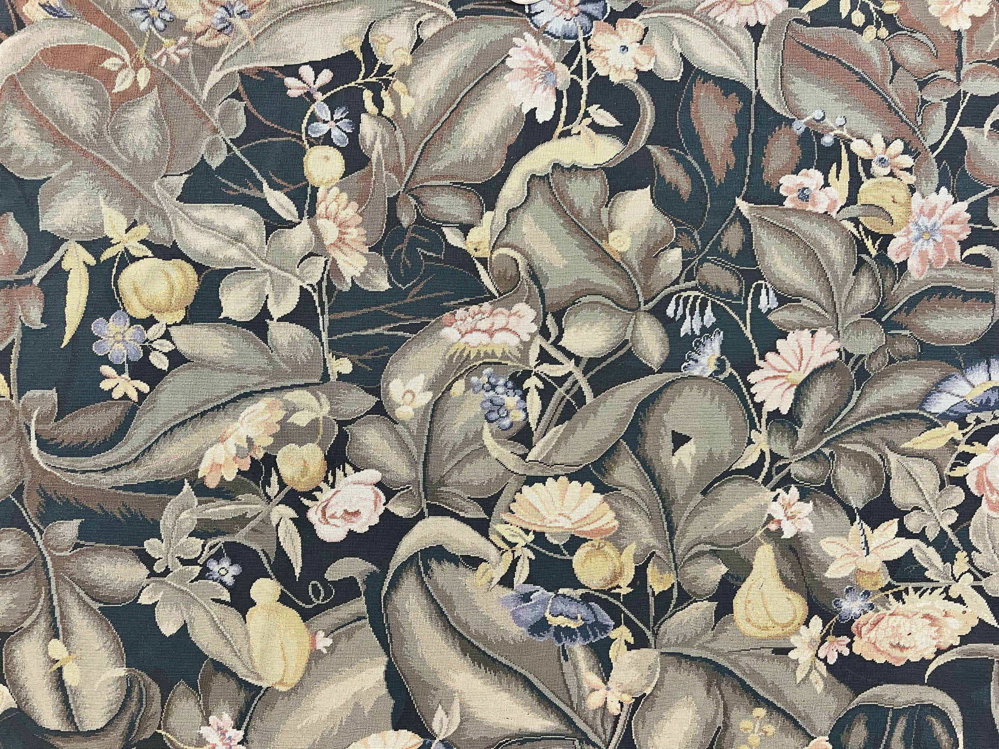 Large Needlepoint Rug 9x13, Handmade Wool Flatweave Vintage Rug, Leaves, Green-3